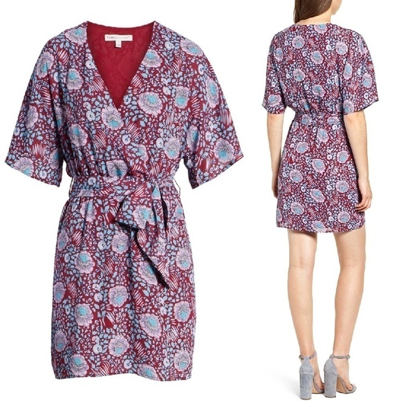 REBECCA MINKOFF 70s Floral Kimono Short Sleeve V-Neck Wrap Tie Waist Dress L - Picture 3 of 7